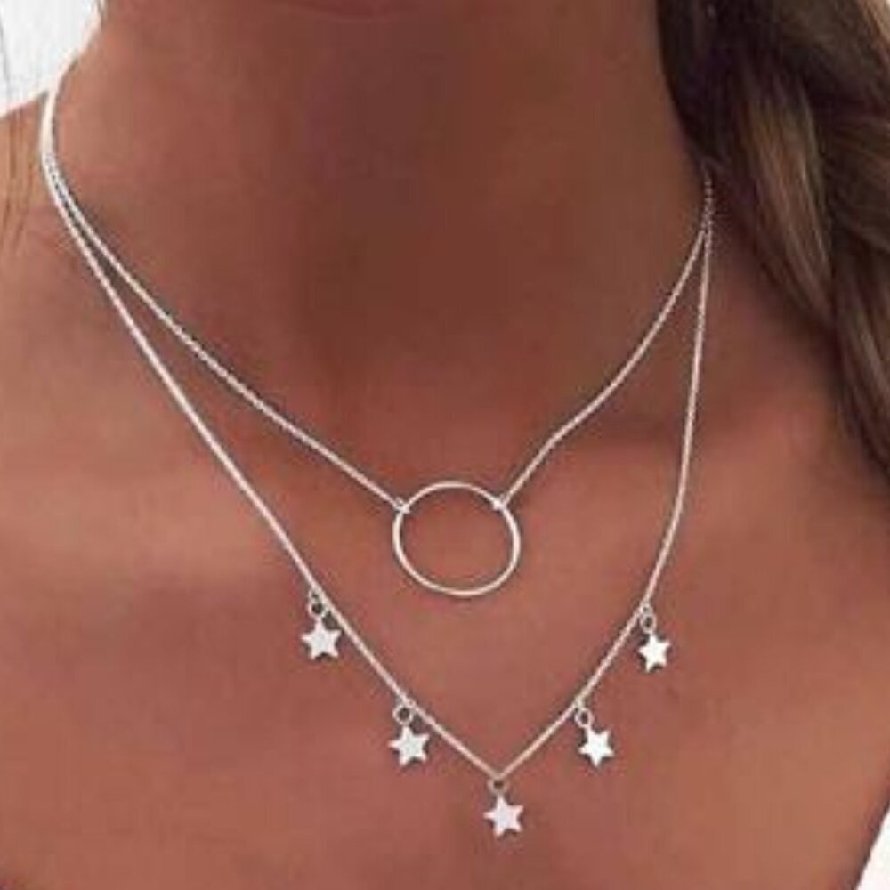 ✨ Boho Star Dangle Layered Choker Necklace | Silver Karma Eternity Pendant ✨